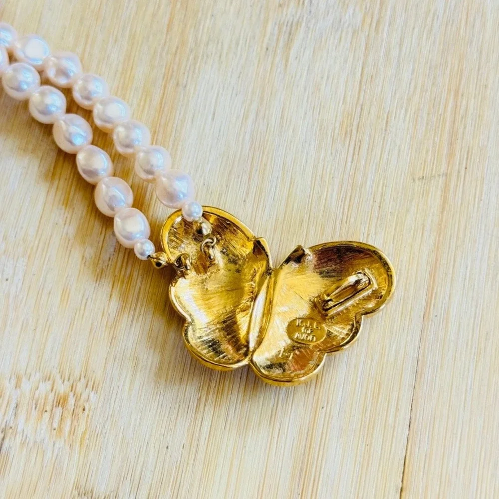 KJL Kenneth Jay Lane Avon Butterfly Necklace VTG Pearl double Strand Whimsical